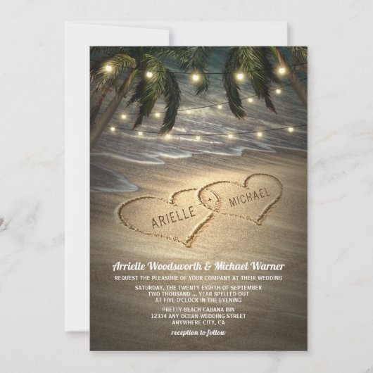 Beach Shore Hearts in the Sand Wedding invitations (Devant)