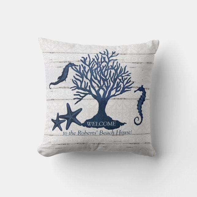 Beach Shore Home Navy  Seahorse Coral Kussen (Voorkant)