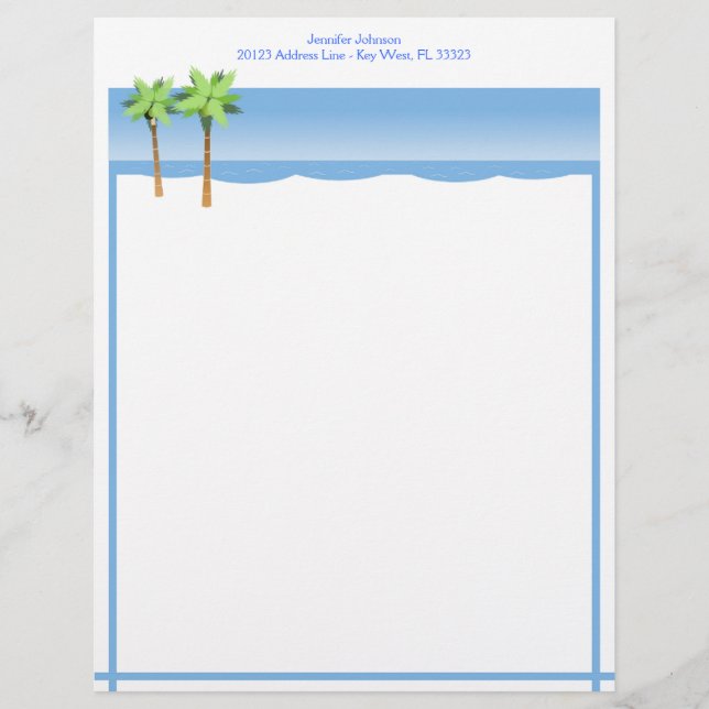 Beach Shoreline met Palm Trees Blue Ocean Custom Gepersonaliseerd Briefhoofd (Voorkant)