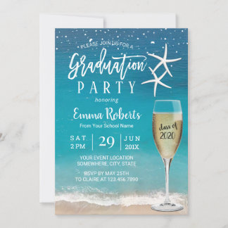 Beach Starfish and Champagne Glass Afstuderen Kaart