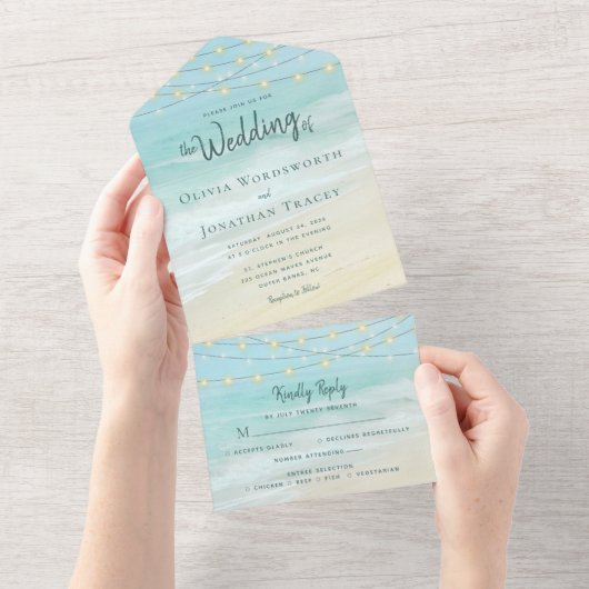 Beach String Lights Ocean Wedding All In One Uitnodiging (Afscheurbaar)