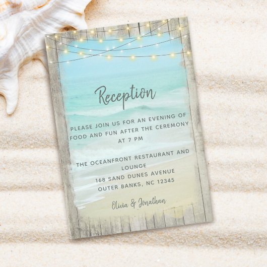 Beach String Lights Rustic Wood Weddenschap Informatiekaartje