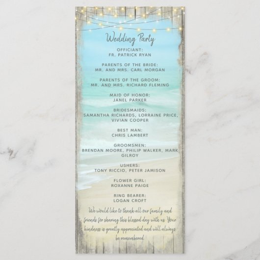 Beach String Lights Rustic Wood Wedding Programme (Dos)