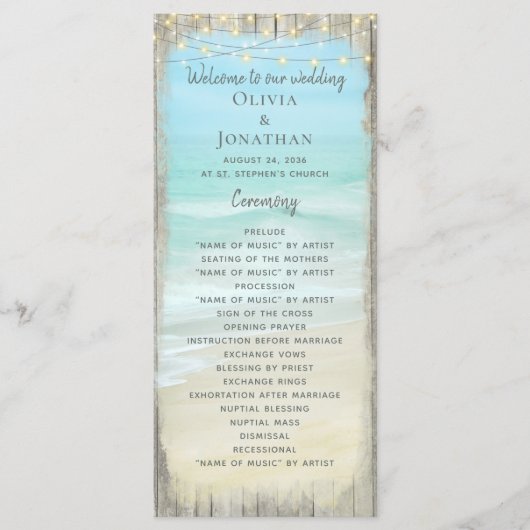 Beach String Lights Rustic Wood Wedding Programme Programma (Voorkant)