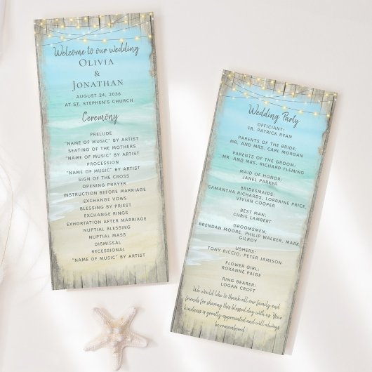Beach String Lights Rustic Wood Wedding Programme Programma