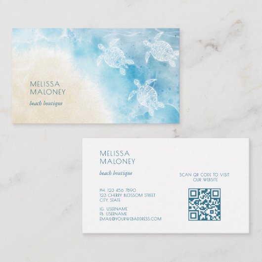 Beach Style White Turtles Scan QR Code Visitekaartje (Voorkant / Achterkant)