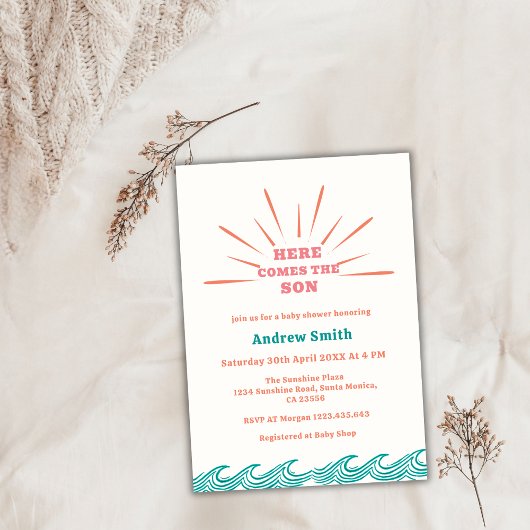 Beach Summer Hier komt het Son Baby shower Kaart