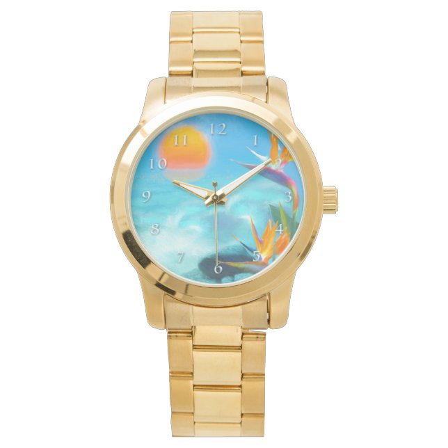 BEACH SUNSET Birds of Paradise Horloge (Voorkant)