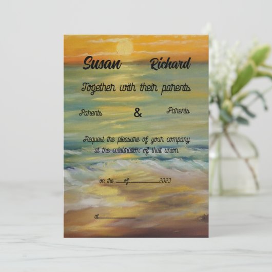 Beach sunset bruiloft Uitnodiging (Staand voorkant)