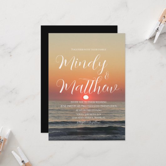 Beach Sunset Destination Wedding Invitation Kaart (Voorkant / Achterkant in situ)