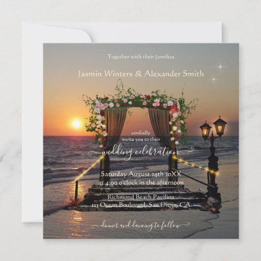 Beach Sunset Floral Arbor Weddenschap Kaart (Voorkant)