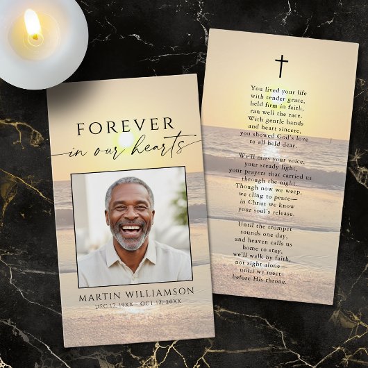 Beach Sunset Forever Hearts Sympathy Prayer Card