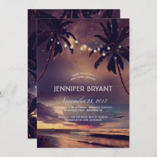 Beach Sunset Palm Lights Baby shower Kaart (Voorkant / Achterkant)