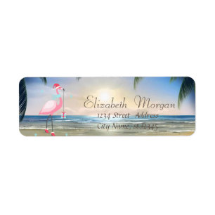Beach, Sunset, Palms, Pink Flamingo Santa Hat Etiket