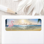 Beach, Sunset, Palms, Roze Flamingo Etiket (Insitu)