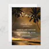 Beach Sunset Palms String Lights Save the Date Aankondigingskaart (Voorkant / Achterkant)