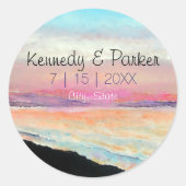 Beach Sunset Pastel Weddenschap Save the Date Ronde Sticker (Voorkant)