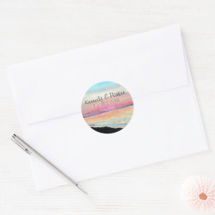 Beach Sunset Pastel Weddenschap Save the Date Ronde Sticker