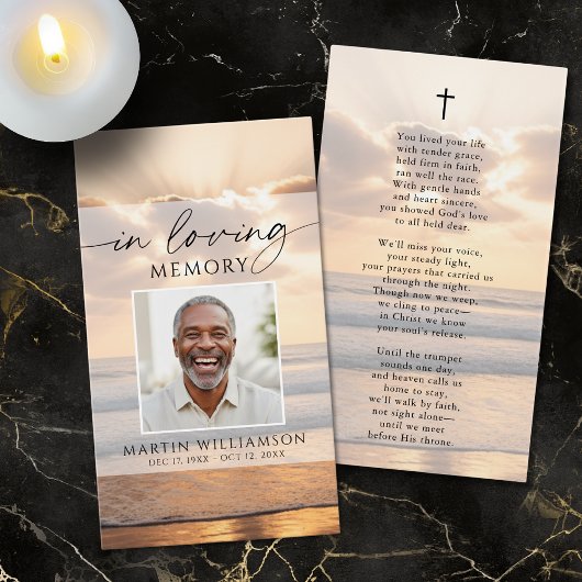 Beach Sunset Photo In Loving Memory Prayer Card