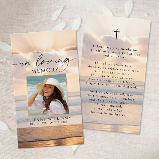 Beach Sunset Photo In Loving Memory Prayer Card