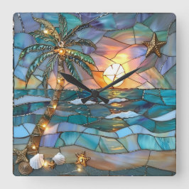 Beach Sunset Stained Glass Wall Clock Vierkante Klok