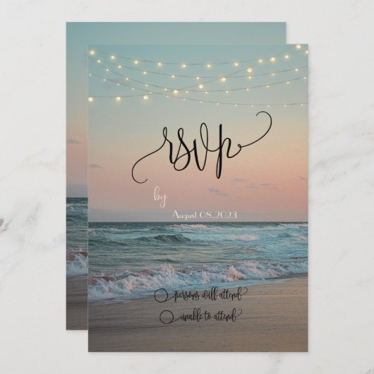 Beach Sunset, String Lights Script RSVP Kaart (Voorkant / Achterkant)