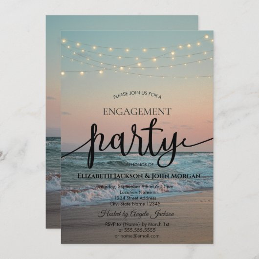 Beach Sunset, String Lights Script Verloving Kaart (Voorkant / Achterkant)