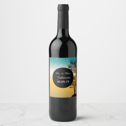 Beach Sunset Tropical Palm Tree Wine Label Wijn Etiket (Voorkant)