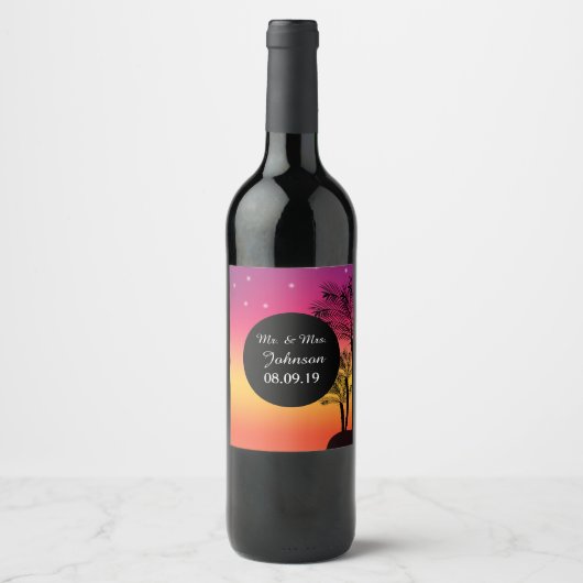 Beach Sunset Tropical Palm Tree Wine Label Wijn Etiket (Voorkant)