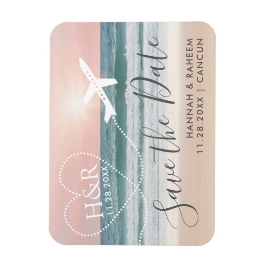 Beach Sunset Vliegtuig Trail Monogram Save the Dat Magneet (Verticaal)