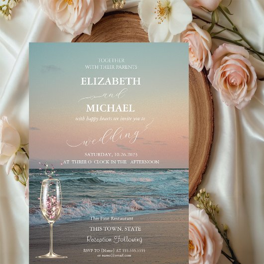 Beach Sunset, Waves, Champagne Glass Script Wedden Kaart