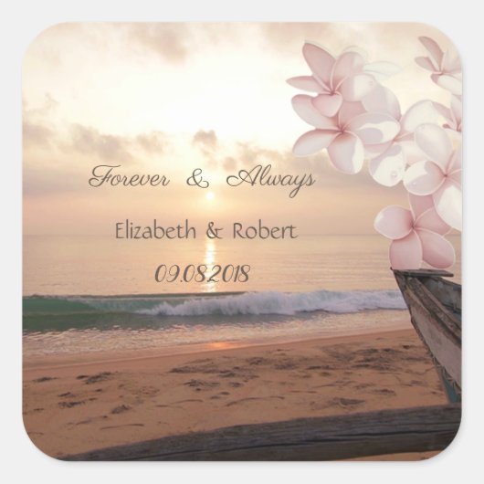 Beach Sunset Wedding, Plumeria Vierkante Sticker (Voorkant)