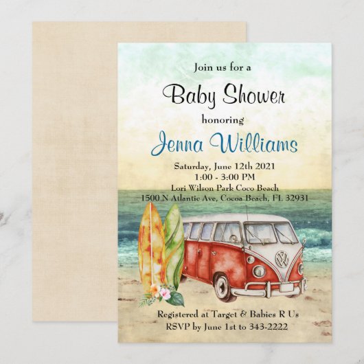 Beach Surf Surfboard Baby Boy Shower Invitation Kaart (Voorkant / Achterkant)