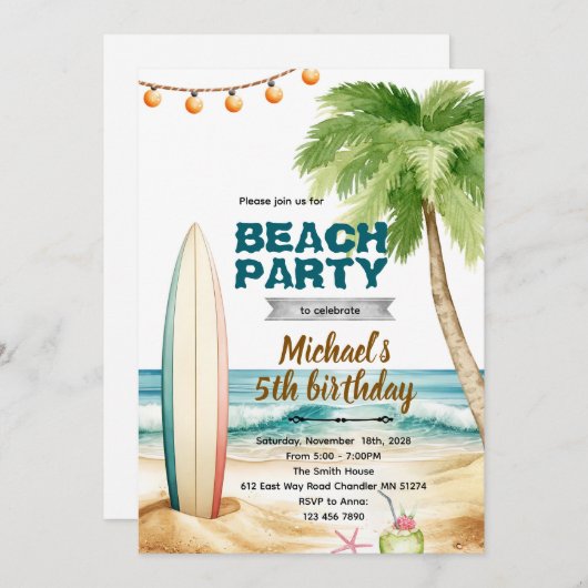 Beach surf theme invitation (Devant / Derrière)