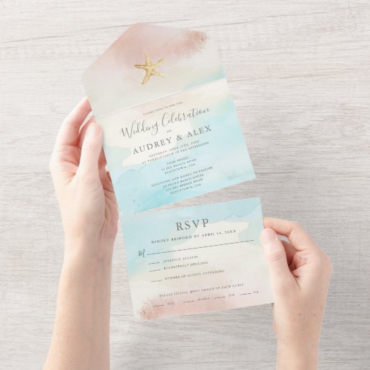 Beach THALIN-ONE Wedding Invitation All In One Uitnodiging (Afscheurbaar)