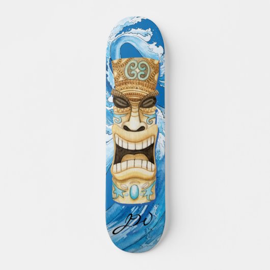 Beach Tiki Wave Blue Monogram Skateboard (Voorkant)