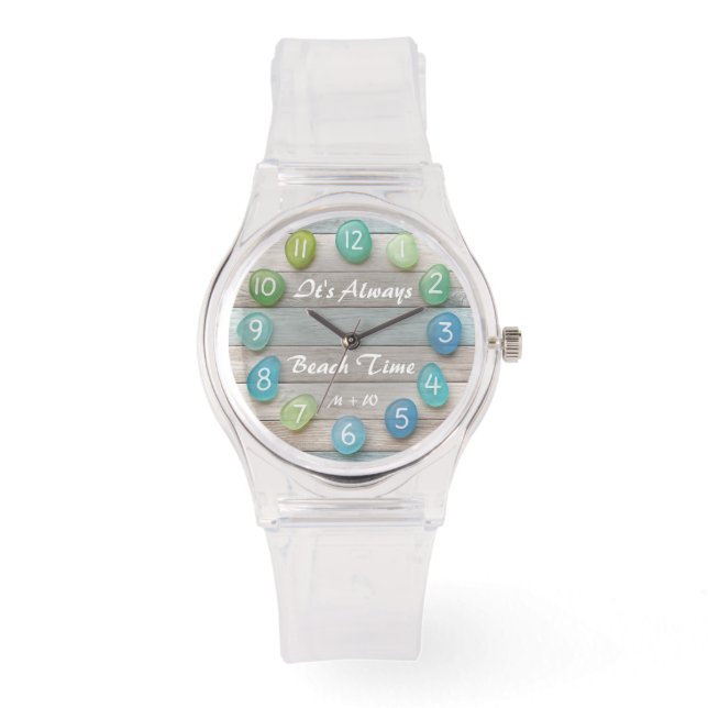 Beach Time Zee Glass en Driftwood Custom Horloge (Voorkant)