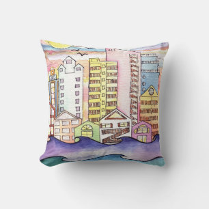 BEACH TOWN ON THE WATER Watercolor Coussin