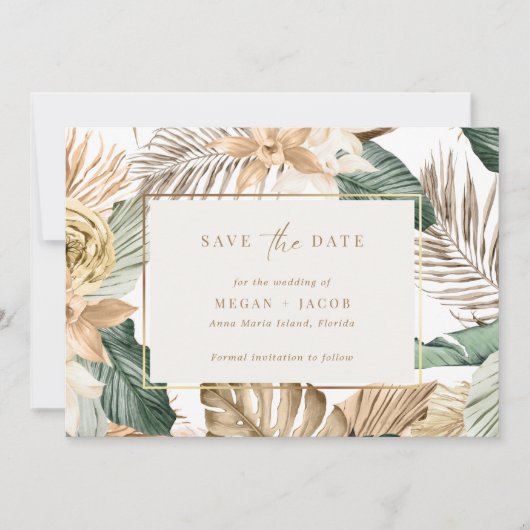 Beach Tropical Leaf Wedding Save the Date (Voorkant)