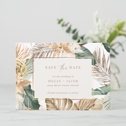Beach Tropical Leaf Wedding Save the Date (Staand voorkant)