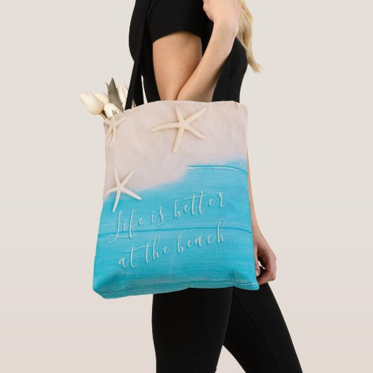 Beach Turquoise Wood en zeestervis Canvas tas (Dichtbij)