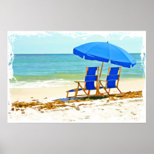 Beach, Umbrella en Chairs bij de Shore Poster