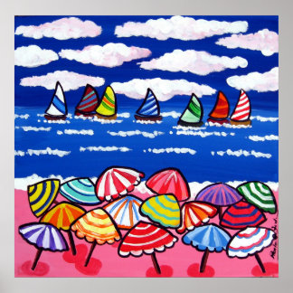 Beach Umbrellas Sailships Fun Folk Art Poster