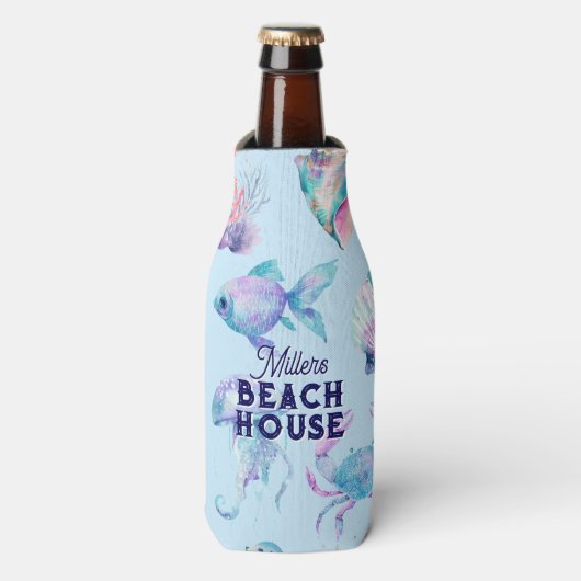 Beach Vibe Pastel kleuren zee dieren patroon Flesjeskoeler (Fles Voorkant)