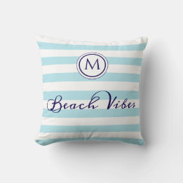 Beach Vibes Monogram Gestreept Licht Blauw Wit Kussen