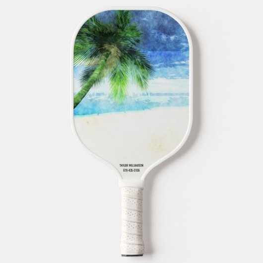 Beach Vibes Waterverf Palm Tree Sand Custom Text Pickleball Paddle (Voorkant)