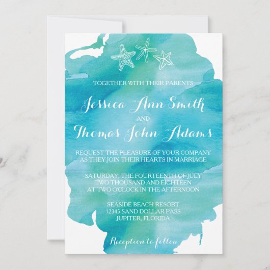 Beach Waterverf Starfish Ocean Wedding Invitation Kaart (Voorkant)
