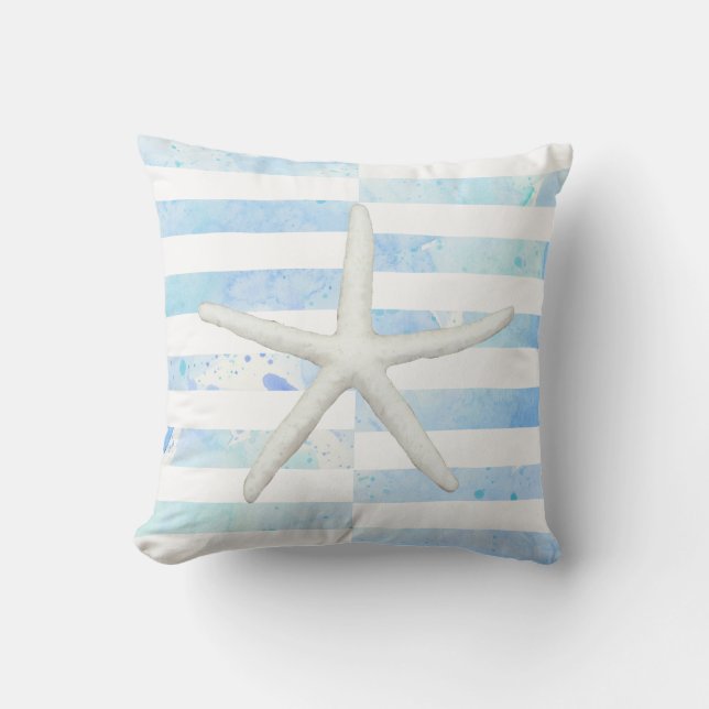 Beach Waterverf Starfish Wide Striped Blue White Kussen (Voorkant)