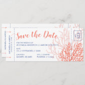 Beach Weddenschap boarding pass Save Date Coral Pi Aankondiging (Voorkant / Achterkant)