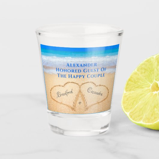 Beach Weddenschap harten in Sand Welcome Shot Glas (Voorkant)